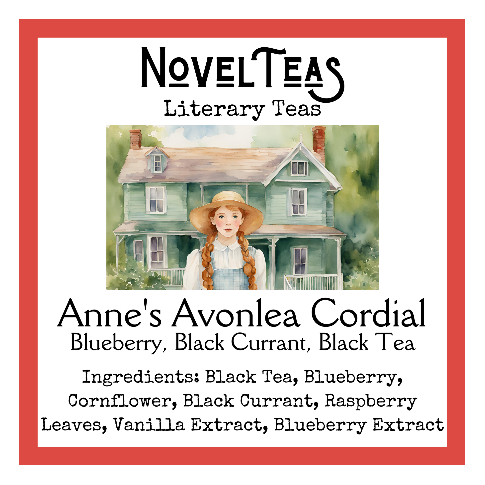 Anne's Avonlea Cordial tea front sticker with a picture of a young girl in front of a house