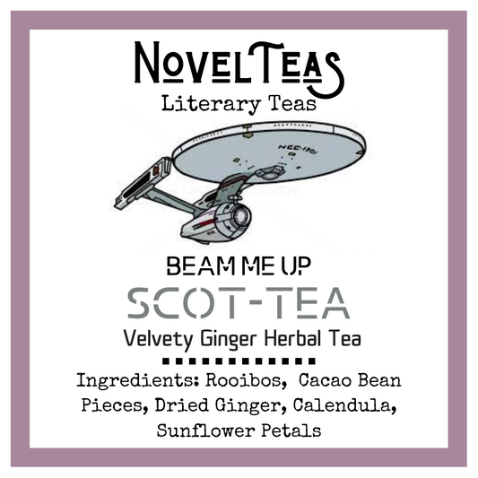 Beam me up scotTea front label with a spaceship and the ingredients on it