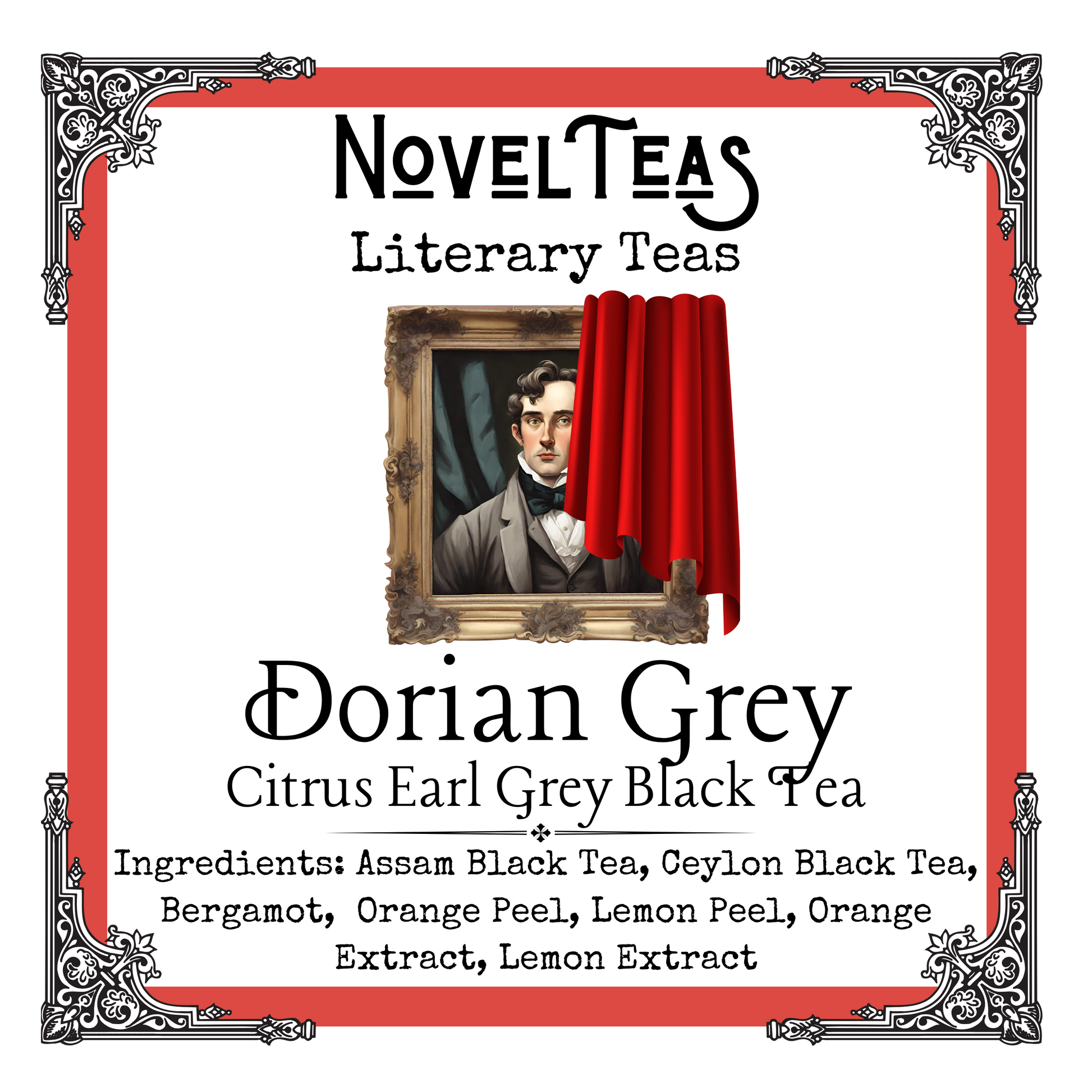 Dorian Grey tea front label with a portrait of Dorian Grey covered partially by a red a drape