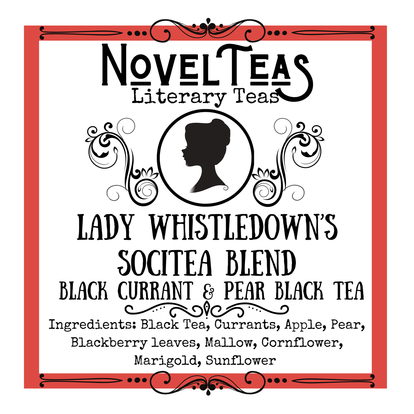 Lady Whistledown's Socitea blend front sticker with a silhouette of a woman's neck and head 