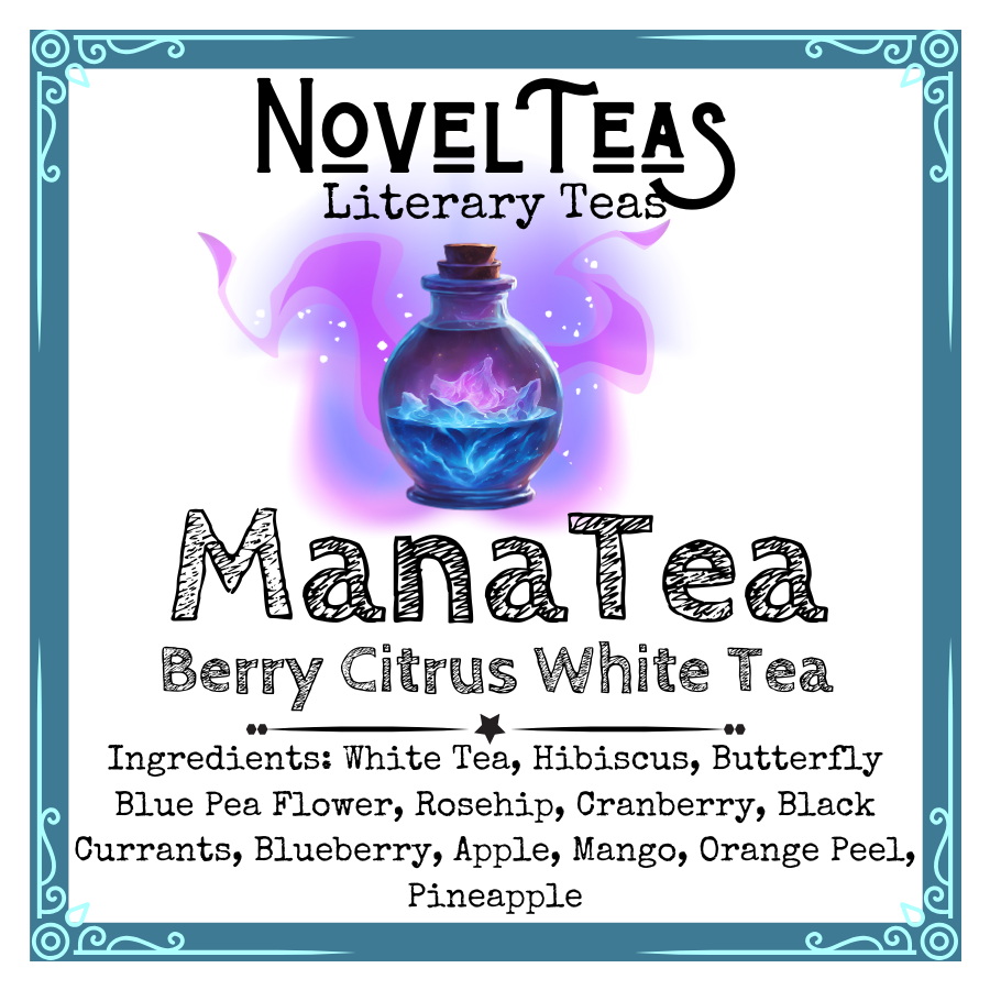 Mana Tea front label with a magic flask on it