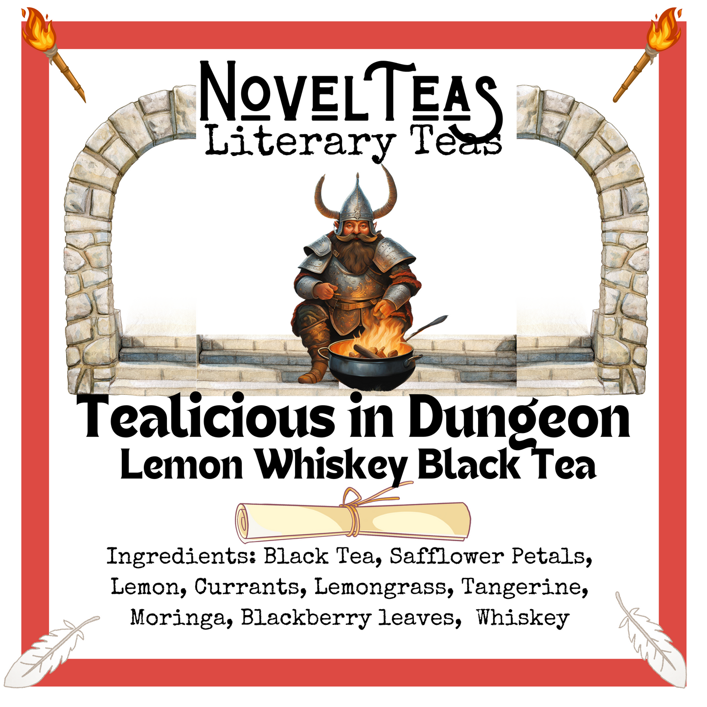 Tealicious in Dungeon front label with a barbarian cooking in a pot