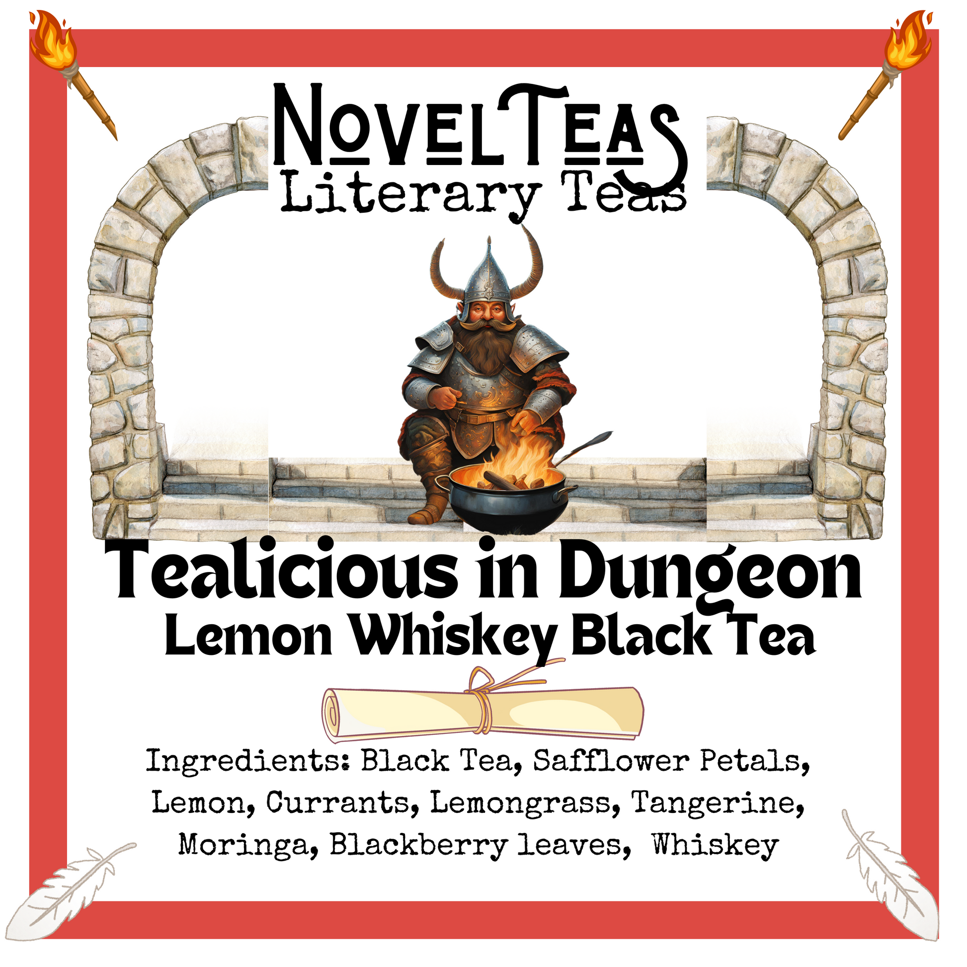 Tealicious in Dungeon front label with a barbarian cooking in a pot