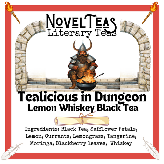 Tealicious in Dungeon front label with a barbarian cooking in a pot