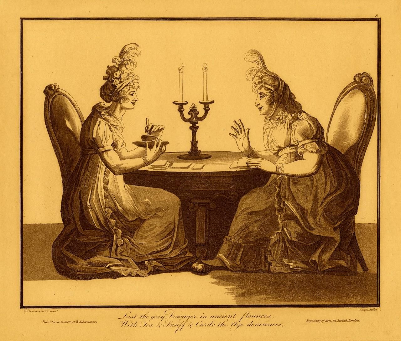 Two people having tea seated across from each other on a table lit by two candle lights 